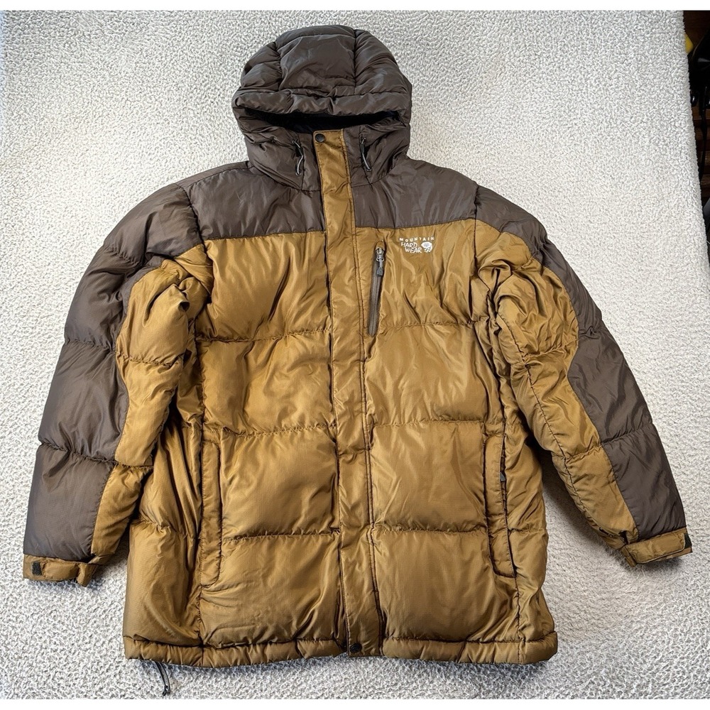 Mountain Hardwear Mens XL Puffer Jacket Brown Tan Insulated Hooded Parka Ripstop